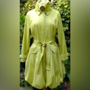 SAMUEL DONG Sz L Bubble Hem High Collar Belted Pockets Buckle At Sleeves Coat